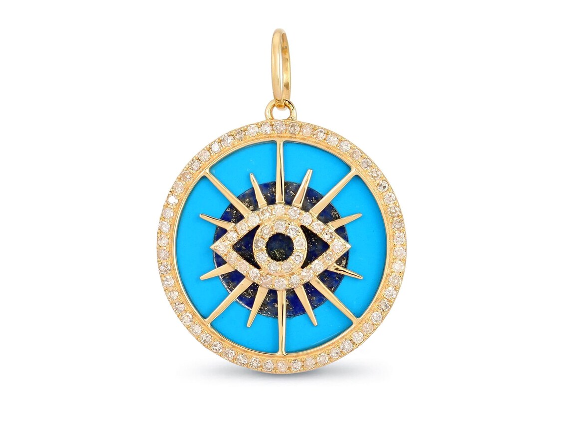 14K Solid Gold Diamond Evil Eye Medallion Pendant Necklace Etsy