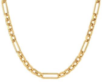 14K Solid Gold Paperclip & Rolo Chain Necklace | Figaro Mixed Link Chain | 14K Gold Statement Necklace | Modern Paperclip Chain