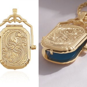 14K Gold Locket Necklace, Large Gold Filigree Swivel Locket, Photo Locket, Picture Locket, Vintage Inspired Antique Style Locket