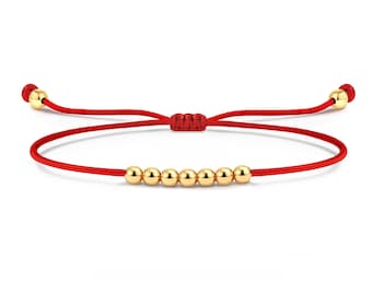 7 Day Good Luck Red Black String Bracelet 14K Solid Gold Beads | Kabbalah Protection Bracelet | Real Gold Ball Bead Bracelet | Handmade Gift