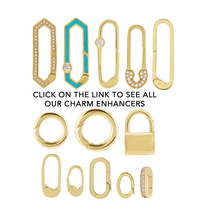 Puede incluir: Una colecci&oacute;n de colgantes de oro, que incluyen un candado, un colgante de esmalte turquesa y varios estilos diferentes de c&iacute;rculos abiertos con y sin diamantes.  "Haz clic en el enlace para ver todos nuestros colgantes."