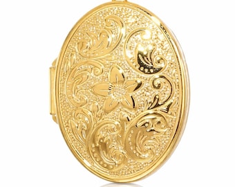 14K Gold Large Filigree Locket, Oval Photo Locket, Picture Locket, Vintage Inspired Antique Style Locket