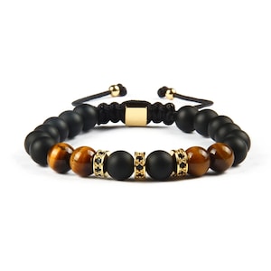 Black Onyx & Tiger Eye Natural Stone Adjustable Bracelet, Gift for Him, Best for Husband, Dad, Spiritual Healing Protection Powerful, Men&#39;s