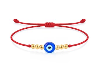 14K Gold Evil Eye Red String Bracelet, Kabbalah Protection Bracelet, Adjustable Cord, Lucky Charm, Minimalist Adjustable Gift for Her
