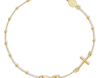 Rosary Bracelet 14K Gold Miraculous Medal Virgin Mary Bracelet, 14k Beaded Rosary Bracelet For Women, Religious Catholic Gift for Her