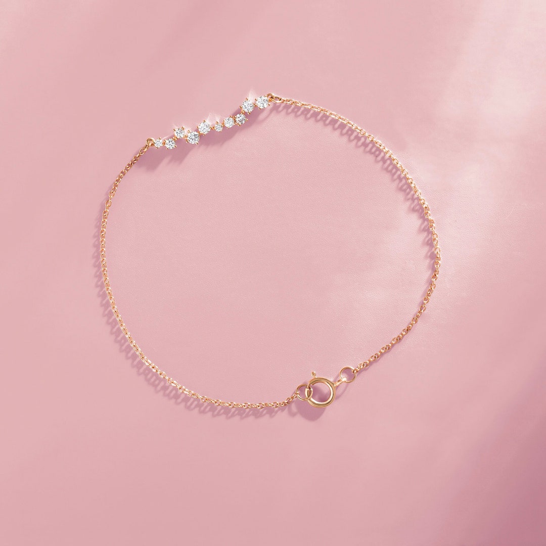 Diamond Bracelet / 14k Gold Scattered Diamond Bar Bracelet for Etsy