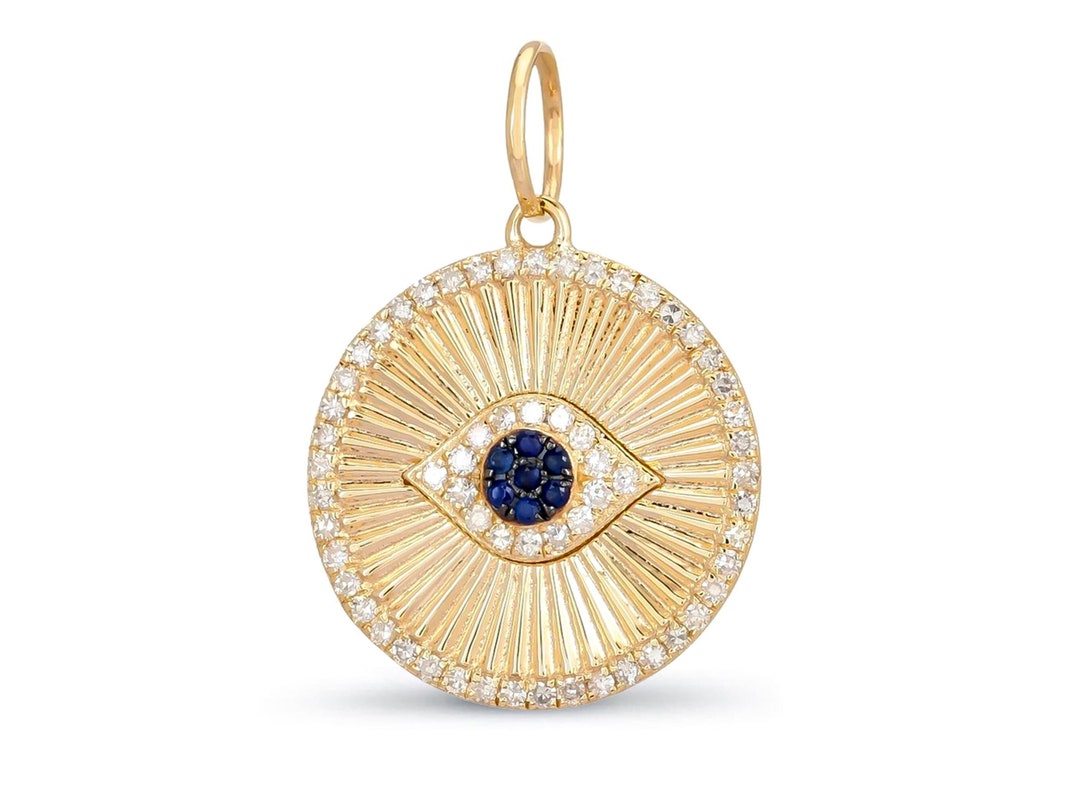 14K Solid Gold Diamond Evil Eye Medallion Pendant Necklace - Etsy