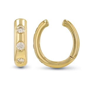 3 Stone Diamond Ear Cuff 14K Yellow, Rose, White Gold Conch Earring for Women | Ear Cuff Earrings | No Piercing Cartilage Cuff
