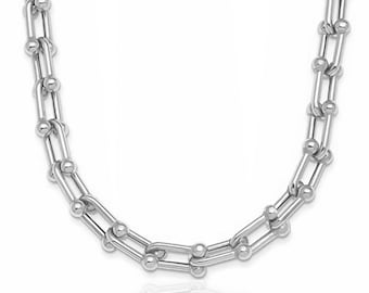 14k White Gold U-Link Chain Necklace 9MM | Hardware Link Chain Necklace | 16, 18, 20, 24 inches U-Lock Chain | Horseshoe Chain Necklace