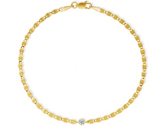 Diamond Bracelet, 14K Solid Gold Mirror Chain Solitaire Diamond Accented Bracelet for Women, Gift for Her