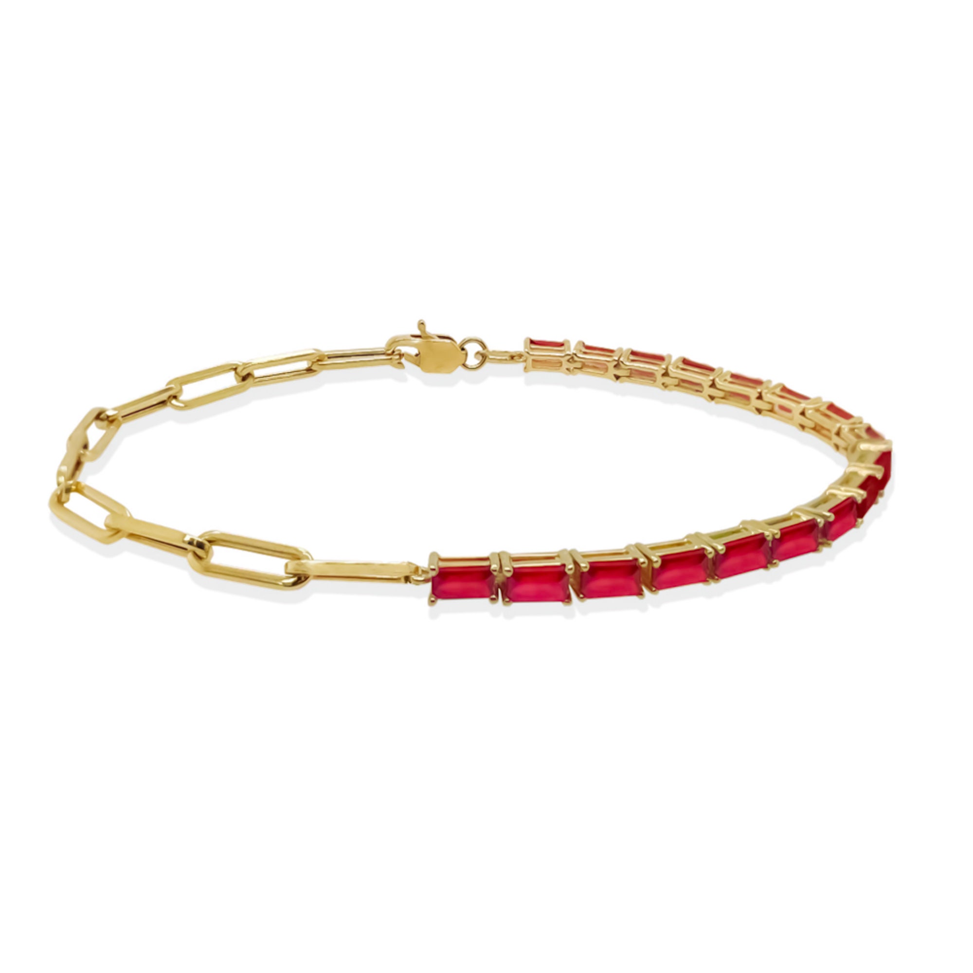 14K Gold Baguette Cut Ruby Tennis Bracelet Half Paperclip Half