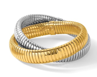 Double Tubogas Stretch Bracelet • 925 Sterling Silver & Gold Tubogas Bangle • Flexible Coil Bracelet • Made in Italy Jewelry