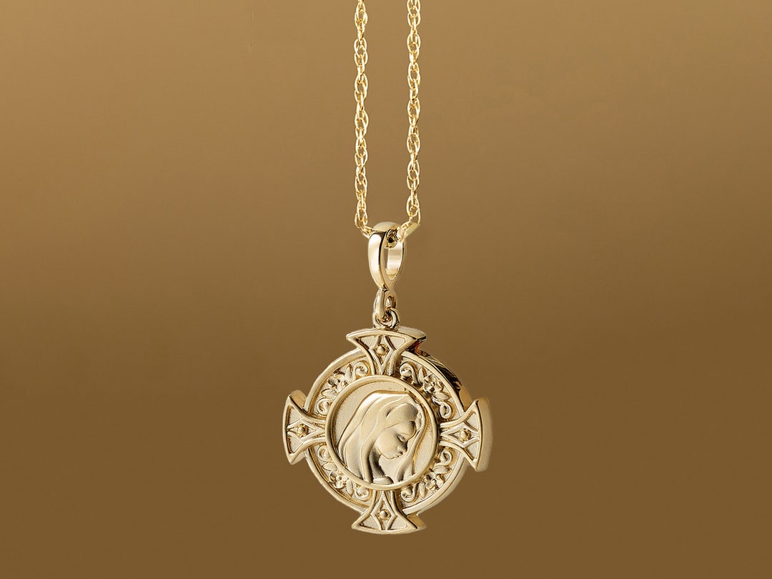 14k Gold Virgin Mary Medallion Necklace / Gold Coin Necklace / Gold