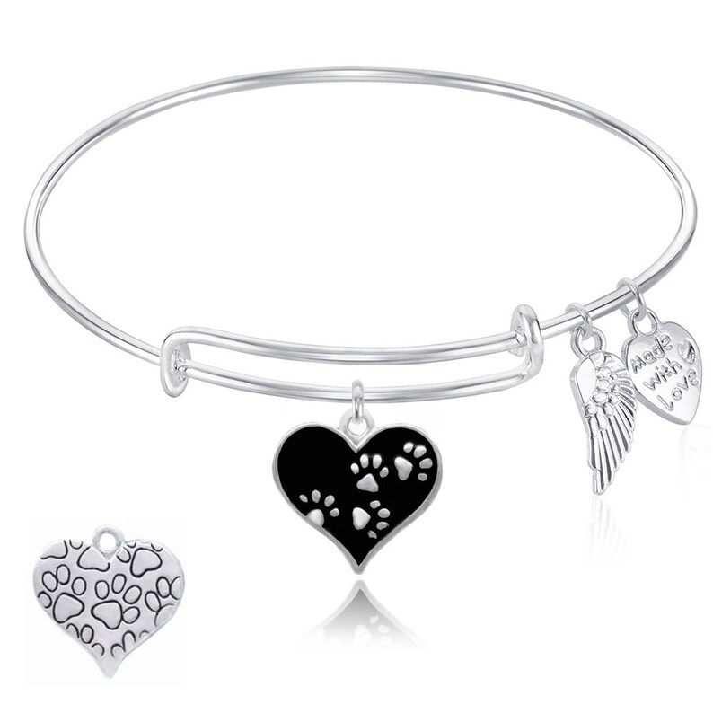 PAW PRINT Expandable Wire Bangle Bracelet with Angel wing Charm Silver Finish Gift Boxed