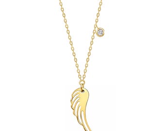 Angel Wing Necklace with Solitaire Diamond Accent 14K Solid Gold Dainty Layering Minimalist Necklace for Women | Gift for Her
