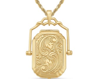 14K Gold Locket Necklace, Large Gold Filigree Swivel Locket, Photo Locket, Picture Locket, Vintage Inspired Antique Style Locket