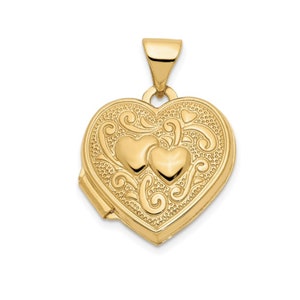 14K Gold Double Heart Locket, Filigree Photo Locket, Picture Locket, Vintage Inspired Antique Style Locket Christmas Gift for Her