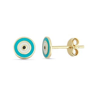 14K Real Solid Gold Evil Eye Stud Earrings For Women, Good Luck Nazar Protection Minimalist Dainty Everyday Earrings Gift for Her
