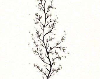 May include: A black and white illustration of a slender tree branch with leaves and small dots. The tree branch is centered on a white background. The leaves are a light grey colour.