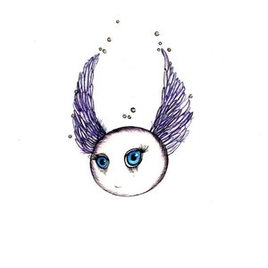 May include: A hand-drawn illustration of a white, spherical creature with large blue eyes, long eyelashes, and a small smile. It features purple feathered wings and small gold dots floating above. The artwork is created with pen and ink.