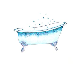 Blue Bathtub art print of an original drawing available 5x7" or 8x10"