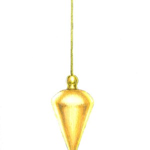 May include: A gold-colored plumb bob, suspended by a thin gold string, against a white background. The plumb bob has a rounded top and a conical, pointed bottom. The illustration is a detailed drawing.