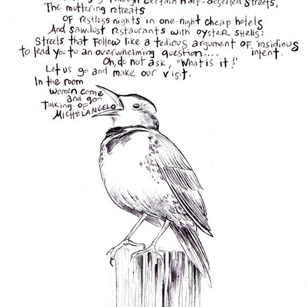 Homage to T.S. Eliot bird art print of an original drawing available 5x7" or 8x10"