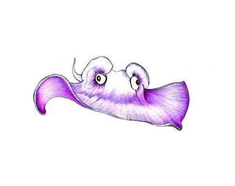 May include: A whimsical illustration of a purple creature with large eyes and a flowing, wing-like body. The artwork features detailed shading and a playful design, set against a clean white background. The creature has a whimsical, cartoonish appearance.