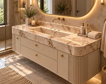 Fluted Wave Wall Shelf, Lacquered CNC Carved Wood with Marble Detail, Elegant Bathroom Organizer and Luxury Home Decor