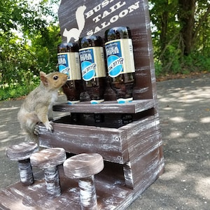 Handcrafted Squirrel Feeder Saloon: Rustic Pine, 3 Bottle Seed Feeders