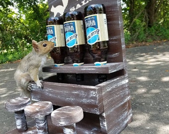 Handcrafted Squirrel Feeder Saloon: Rustic Pine, 3 Bottle Seed Feeders