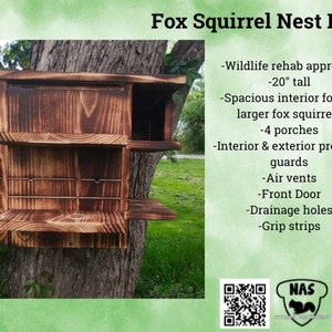 Fox Squirrel Nesting Box w Scorched Finish, Winter Squirrel House, Squirrel Condo, Wildlife Rehab Approved Squirrel Nest Box