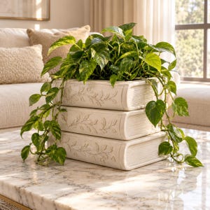 May include: A white planter shaped like a stack of three books with embossed vine patterns on the spines. A trailing green and yellow pothos plant grows out of the top book, with leaves cascading down the sides of the book-shaped container.