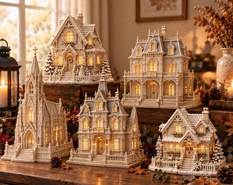 May include: A collection of five illuminated miniature buildings, including a church and several houses, crafted in a light cream color with intricate architectural details, glowing warm yellow windows, and small decorative pine trees.