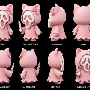 May include: A set of eight views of a pink figurine wearing a hooded robe with cat ears and a bow, featuring a white ghost-like mask and holding a small knife. The views include front, back, side, and angled perspectives labeled with text.