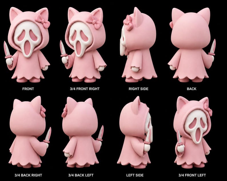 May include: A set of eight views of a pink figurine wearing a hooded robe with cat ears and a bow, featuring a white ghost-like mask and holding a small knife. The views include front, back, side, and angled perspectives labeled with text.