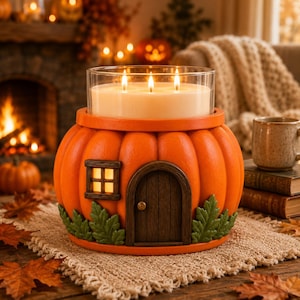 Puede incluir: Una vela de tres mechas en un frasco de vidrio transparente dentro de un soporte decorativo con forma de calabaza naranja. El soporte presenta una puerta arqueada marrón, una pequeña ventana cuadrada con luz cálida y hojas verdes.