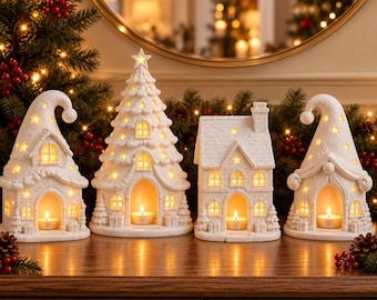 Puede incluir: Un conjunto de cuatro estructuras de pueblo navideño de cerámica blanca, que incluye dos casas con forma de gnomo, un árbol de Navidad y una cabaña, cada una con recortes de estrellas y una vela de té interior que emite una luz cálida.
