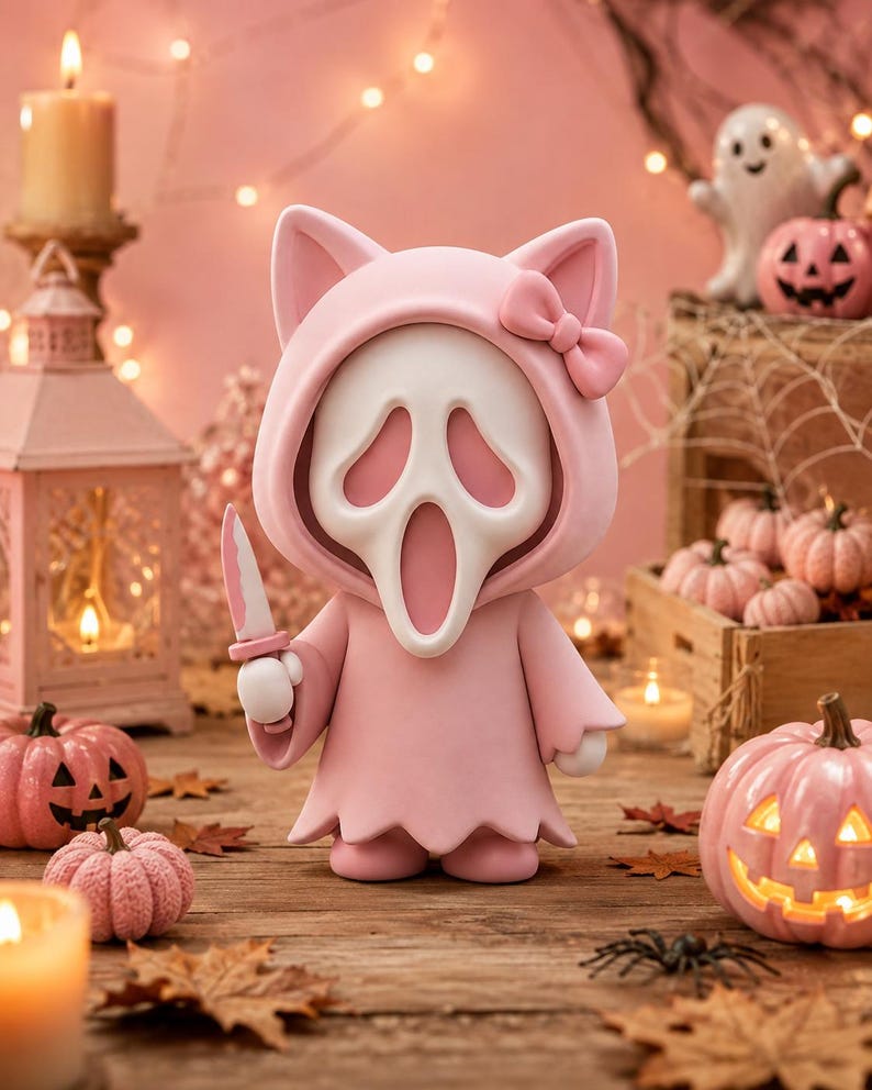 May include: A stylized figurine featuring a white ghost-like mask with a long, open mouth and hollow eyes, wearing a light pink hooded robe with cat ears and a small bow on the side, holding a small knife in one hand, rendered in a smooth finish.