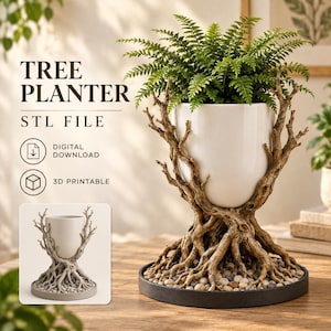 May include: A tree planter STL file for 3D printing, featuring a digital download design of a smooth white pot cradled by realistic brown tree roots and branches, resting on a circular base filled with small grey and tan pebbles.