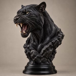 May include: A black panther bust sculpture featuring a snarling expression with visible teeth and whiskers. The panther emerges from a dark, jagged rock-like base, which is mounted on a smooth, circular black pedestal stand for display.