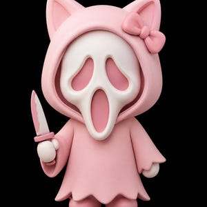 May include: A stylized figurine featuring a white ghost-like mask with a long, open mouth, wearing a light pink hooded robe with cat ears and a matching bow. The figure holds a small white knife with a pink handle in its right hand.