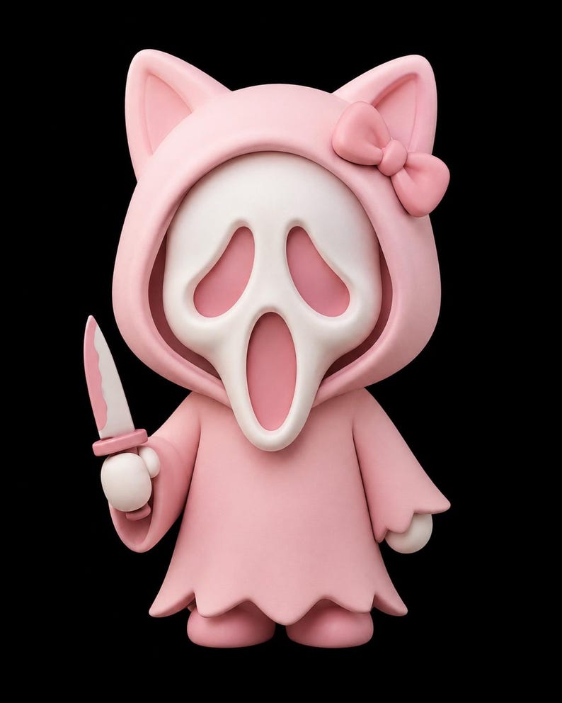 May include: A stylized figurine featuring a white ghost-like mask with a long, open mouth, wearing a light pink hooded robe with cat ears and a matching bow. The figure holds a small white knife with a pink handle in its right hand.