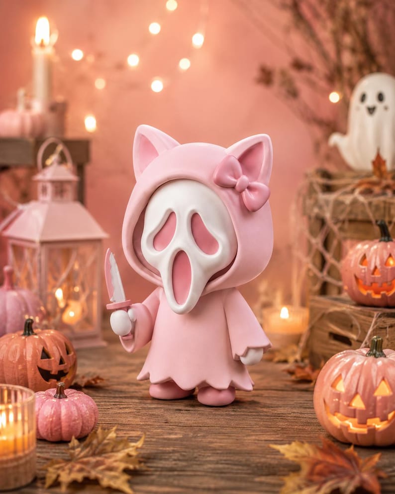 May include: A stylized figurine featuring a white ghost-like mask with elongated eye and mouth openings, wearing a light pink hooded cloak with cat ears and a small bow. The figure holds a small white knife in its right hand.