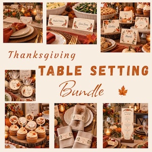Pode incluir: Um conjunto de decoração de mesa de Ação de Graças com cartões de lugar, etiquetas de comida, menus, anéis de guardanapo e topos de cupcake, apresentando bordas decorativas de folhas de outono em tons de laranja, castanho e amarelo.