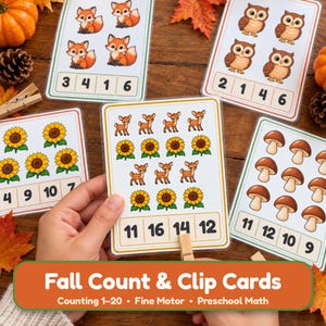 Cartes à compter et à pincer pour l'automne, compter de 1 à 20, activité mathématique d'automne (téléchargement numérique)