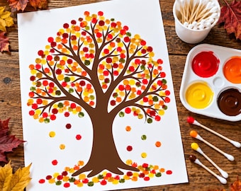 Herbstbaum-Malvorlage mit Wattestäbchen, Herbst-Punktkunst-Bastelvorlage (Digitaler Download)