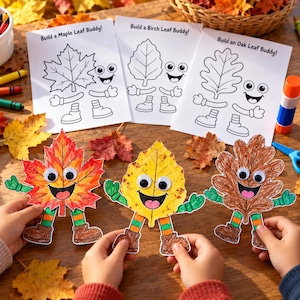 May include: Three paper activity sheets titled Build a Maple Leaf Buddy, Build a Birch Leaf Buddy, and Build an Oak Leaf Buddy, alongside three finished leaf crafts with googly eyes, drawn arms, and legs, coloured in red, yellow, and brown tones.