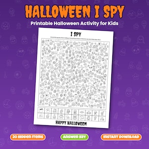 Op de afbeelding: Een zwart-wit Halloween I Spy activiteitenblad met talloze kleine illustraties van spoken, pompoenen, schedels en snoepjes. De pagina bevat de tekst I SPY, instructies om 20 items te vinden, een raster met iconen onderaan en HAPPY HALLOWEEN.