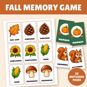 Peut inclure: Un jeu de mémoire d'automne comprenant une feuille de cartes illustrées avec une feuille de chêne, des pommes de pin, des tournesols, du maïs, des champignons et des écureuils. Chaque carte porte son étiquette. Deux cartes vertes montrent des citrouilles.